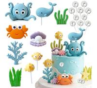 LIULINY 19 Piezas Decoración para Tartas de Mar, Decoración para Tartas con Tema de Criaturas Marinas, Pulpo y Cangrejo Decoraciones Tarta Marina, Decoraciones de Fiesta de Cumpleaño para Niños Niña