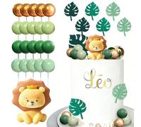 LIULINY 27 Piezas Decoracion Tartas Animales, DIY León Cake Topper Incluye 6 Hojas de Monstera, Decoración para Tartas Infantiles para Fiesta de Cumpleaños Infantil con Temática de Animales Safari