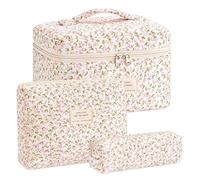 LIULINY 3 Piezas Neceser Mujer con Estampado Floral, Neceser Acolchado, Bolsa de Aseo con Estampado de Flores, Bolsa de Maquillaje Portátil, para Mujer, Niñas, Vacaciones (Flores Rosa)