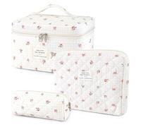 LIULINY 3 Piezas Neceser Mujer con Estampado Floral, Neceser Acolchado, Bolsa de Aseo con Estampado de Flores, Bolsa de Maquillaje Portátil, para Mujer, Niñas, Vacaciones (Flores Rojo)