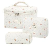 LIULINY 3 Piezas Neceser Mujer con Estampado Floral, Neceser Acolchado, Bolsa de Aseo con Estampado de Flores, Bolsa de Maquillaje Portátil, para Mujer, Niñas, Vacaciones (Flores Color Naranja)