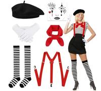 LIULINY 6 Piezas Costume Pantomima Donna, Disfraz Mimo, con Boina, Bufanda, Guantes, Calcetines con Tatuajes y Tirantes, Blanco y Negro Disfrazs de Mimo, para Navidad, Carnaval, Fiesta de Cosplay