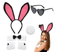 LIULINY 6 Piezas Set de Accesorios de Disfraz de Conejo, Orejas de Conejo Disfraz Diadema con Puños Pajarita Cola Gafas en Forma de Corazón para Cosplay Accesorios Disfraces Carnaval (Negro)