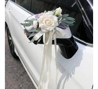 LIULINY Lote de 2 Lazos para Coche de Boda, Flor Artificial Decoracion Coche Boda, Decoración y Vestimenta para Bodas con Ventosas, Adorno para Retrovisores Fiestas de Cumpleaños, Etc, Blanco
