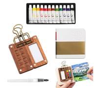 LIULINY Pocket Artist Watercolour Travel Set, 8 Grids Wooden Travel Paint Paleta, 12 Colores Mini Paleta de Acuarela con Clips, Mini Dibujo Portátil, para Niños y Artistas Que Viajan (Marrón)