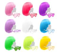 LIULIUBTY 9 pelucas coloridas estilo Bob, 12 pulgadas, lacias con flequillo plano, pelucas de fiesta de colores de la serie Bubble Gum, pelucas para mujeres de despedida de soltera, vienen con lentes