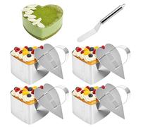 Liuliushun 4 Pcs Aros para Tartas, Molde Reposteria, Moldes Reposteria Acero Inoxidable con Tapa, Aros para postres, mousses, pasteles y repostería, con raspador (forma de corazón, 8,5 x 7,7 x 4 cm)