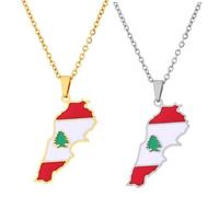 Liumarvexia 2 collares de mapa del Líbano para hombres y mujeres, dije en forma de mapa del Líbano, collar de moda, regalo de fiesta, joyería de moda, 50cm, Acero inoxidable