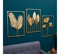 LIUSHI 3D Cuadros Decoracion Hogar Hojas Esculturas de Pared de Metal, Adornos Metalicas Pared para Salon Dormitorios Comedor Bares Modernos, Hierro Forjado, Dorado(Color:C)