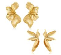 LIUYIDM 2 Pares Pendientes Dorados Grandes Largos Petalos, Pendientes Dorados con Forma de Pétalo, Flower Earrings Gold, Adecuado para Que lo Usen Mujeres y Niñas y se Puede Regalar (Oro)