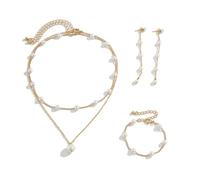 LIUYIDM Juego Collar Mujer Collar de Perlas de Doble Capa con Colgante de Perlas Pendientes de Perlas y Pulsera Juego de Joyas para Novia en oro,Adecuado para Regalos de CumpleañOs y Bodas (Clavícula)