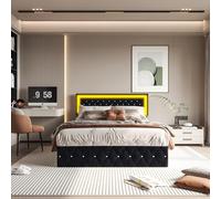 Liuyoyo - Cama tapizada, doble de terciopelo con iluminación LED, diseño tufido, hidráulico con almacenamiento bajo el marco de madera (140 x 200 cm), color negro