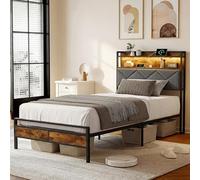 Liuyoyo Estructura de cama de 90 x 200 cm, marco de cama con somier de láminas de metal, cabecero con compartimento de almacenamiento, cama doble de invitados, cama individual de madera de hierro