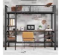 Liuyoyo Litera para Niños y Adolescentes, con mesa y estante, cama de hierro con escalera de cuatro escalones, hierro+panel, negro+madera oscura, 90x200cm
