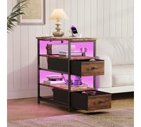 Liuyoyo Mesita de noche con LED y función de carga, una mesita de noche de cuatro niveles con dos cajones, mesa auxiliar con 2 enchufes, 1 puerto USB y 1 tipo C, para salón, dormitorio, color marrón