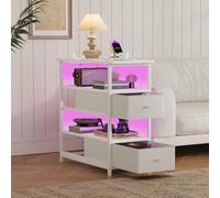 Liuyoyo Mesita de noche con LED y función de carga, una mesita de noche de cuatro niveles con dos cajones, mesa auxiliar con 2 enchufes, 1 puerto USB y 1 tipo C, para salón, dormitorio, color blanco