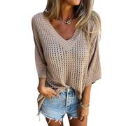 LIUYUYOUGO Blusas De Mujer Elegantes Blusas De Crochet De Talla Grande para Mujer Manga 3/4 Cuello En V Calado Suéter Tipo Jersey Estilo Boho para La Playa para Usar como Traje De Baño Top De Punt