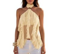 LIUYUYOUGO Camisas Mujer Top Asimétrico con Volantes Y Cuello Halter para Mujer Sin Mangas con Espalda Descubierta Ajustado De Malla Elástica con Decoración Dorada Estilo Camisola Ideal para Sali