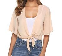 LIUYUYOUGO Cárdigan Mujer Bolero De Gasa para Mujer Cárdigan con Lazo Frontal Chaqueta Kimono Tops De Manga Corta para Boleros Ligeros Y Transparentes para Bodas Color Albaricoque