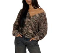LIUYUYOUGO Cárdigans para Mujer Cárdigan De Punto Peludo para Mujer Cuello En V Botones Holgado De Gran Tamaño Abrigo De Suéter Peludo Abrigo De Rayas Jerséis De Ganchillo Tops Chaqueta De Punt