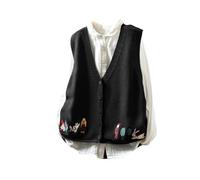 LIUYUYOUGO Chaleco Punto Mujer Suéter Bordado para Mujer Chaleco De Algodón Sin Mangas con Cuello En V Y Botones Cárdigan con Bonitos Dibujos Animados Chalecos De Punto Recortados Prendas De Punt