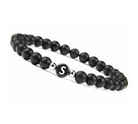 LIUYUYOUGO Pulsera Con Letras Para Parejas Hecha A Mano Con Inicial De Piedras Preciosas Naturales De 8 Mm De Ónix Negro Esmerilado Cristal Elástico Joyería Para Hombres Y Mujeres Letra S