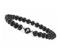 LIUYUYOUGO Pulsera Con Letras Para Parejas Hecha A Mano Con Inicial De Piedras Preciosas Naturales De 8 Mm De Ónix Negro Esmerilado Cristal Elástico Joyería Para Hombres Y Mujeres Letra P