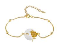 LIUYUYOUGO Pulsera De Plata Pulsera De Plata De Ley Con Flor De Nacimiento Para Mujer Calcedonia Blanca Estilo Chino Con Forma De Donut Doce Dioses De Las Flores Dorada Ajustable Joyería Étnica Re