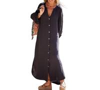 LIUYUYOUGO Vestido Mujer Verano Vestido Camisero Largo De Algodón Y Lino para Mujer Vestido Recto con Mangas 3/4 Tipo Farol Y Botones Cárdigan Caftán Vestido Largo Informal De Gran Tamaño con AB