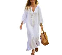 LIUYUYOUGO Vestido Mujer Vestido Camisero Largo De Algodón Y Lino para Mujer Vestido Recto con Mangas 3/4 Tipo Farol Y Botones Cárdigan Caftán Vestido Largo Informal De Gran Tamaño con Abertura