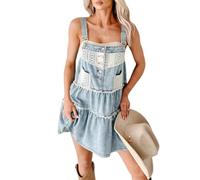 LIUYUYOUGO Vestido Mujer Vestido De Mezclilla para Mujer Estilo Patchwork Bordado con Encaje Bolsillos Minivestido De Tirantes Ajustables Falda Vaquera Escalonada Y Deshilachada Moda De Verano con B