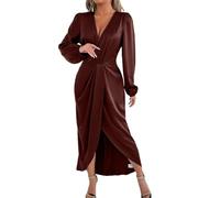 LIUYUYOUGO Vestidos De Verano Vestido Midi De Satén para Mujer Elegante Formal Fruncido Cruzado con Escote En V Manga Larga Sexy De Seda Dividido para Invitadas De Boda para Negocios Noche Cóctel