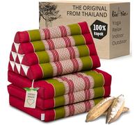 Livasia Cojín Tailandés con 3 Inferiores - 175x50x8cm - Triangular y Colchón Plegable, Almohada, Kapok, Espalda, Esterilla Thai, Hecho a Mano, Meditación (Rojo/Verde)