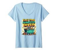 Live Fast Eat Trash Raccoon Dumpster Buceo Divertido Camiseta Cuello V, Mujer, Azul Bebé, M