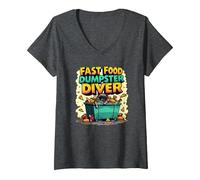Live Fast Eat Trash Raccoon Dumpster Buceo Divertido Camiseta Cuello V, Mujer, Jaspeado Oscuro, S