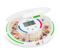 Live Fine Dispensador automático de pastillas con organizador electrónico de medicamentos de 28 días, 6 plantillas de dosificación, pantalla LCD de fácil lectura, alertas de sonido y luz y llave para