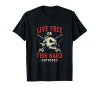 Live Free Or Fish Hard Fishing Skull Crossbones Gráfico Camiseta