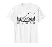 Live Love Camp Retro Camper Van Bosque Noche Estrellas Luna Camiseta