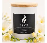 LIVÉ Vela Aromática de Freesia en Frasco de Cristal Tintado con Tapa de Madera, 35h de Duración, Cera de Soja 100% Natural, Perfume para Hogar, Decoración y Regalo, Reutilizable