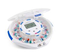 LiveFine - Dispensador automático de pastillas con organizador electrónico de medicamentos de 28 días, 6 anillos de dosificación, pantalla LCD con alertas de sonido y luz, llave y lupa para recetas