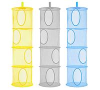 LIVEHITOP 4 Niveles Cesta de Almacenamiento Plegable, 3PC Red de Almacenamiento Colgante para Ahorrar Espacio para Habitación de Niños, Baño, Balcón (Azul,Gris,Amarillo)