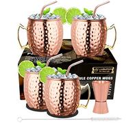 LIVEHITOP Moscú mula Cobre Tazas 4 Piezas, 19.5 oz Copa Cobre con 4 Posavasos, 4 Pajitas, Pincel Jigger y Paja, Conjunto Regalo Taza para el Hogar, Bar, Fiesta (4)