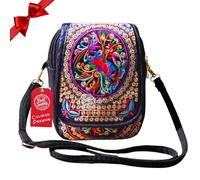 LiveLaif® Bolso Bandolera Mujer Grande | Tela Bordada, Estilo Etnico/Boho, 3 compartimentos | Bolso Movil Mujer | Bolsitos para Moviles (Bordado)