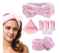 LiveLaif®- SUPER PACK 7 pcs: 1 Cinta Diadema Maquillaje + 3 Toallitas Comprimidas de viaje + 2 Muñequeras Skincare + 1 Esponja polvos | Set Diadema Skincare, Cuidado Facial (Set Cinta, Rosa)