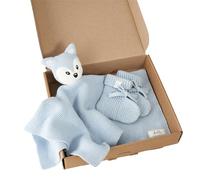 Livella Doudou Zorro Azul y Calcetines de bebé a Juego, algodón orgánico | Incluye caja de regalo, 40 × 40 cm, punto suave, lavado a 30 °C en programa de lana, analizado según OEKO-TEX STANDARD 100