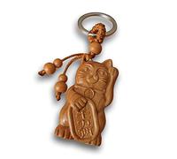 LivelyBuy Llavero de gato de la suerte Maneki Neko Fortune de madera grabado animal llavero talismán, marrón, Small