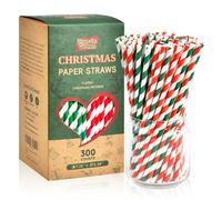 Lives On Green Pajitas desechables de papel de Navidad a rayas verdes y rojas para cócteles, café, zumo, decoraciones de fiesta, paquete de 300 unidades de 7,75 pulgadas