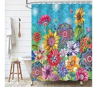 LIVILAN Cortina de ducha floral colorida, cortina de ducha de girasol amarillo con 12 ganchos, cortina de ducha azul cielo para baño, 72 pulgadas de ancho x 72 pulgadas de alto