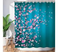 LIVILAN Cortina de Ducha Japonesa con diseño de Flor de Cerezo, Cortina de Ducha con 12 Ganchos, Color Azul Azulado y Rosa, 72 Pulgadas de Ancho x 72 Pulgadas de Alto