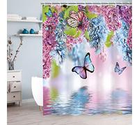 LIVILAN Cortinas de Ducha de Mariposa con Ganchos, Cortina de Ducha Floral, Cortina de Ducha de Mariposa Azul, Cortinas de Tela de Flores de Acuarela y Hojas Verdes para decoración de baño (72